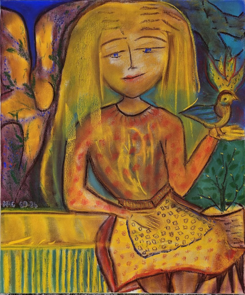 156 Grande fille à l'oiseau 09.24-46x55
